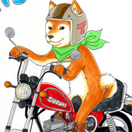 バイク（マメタン）とバイク屋さんの愛犬（柴犬）のコラボレーションで描かせて頂きました。